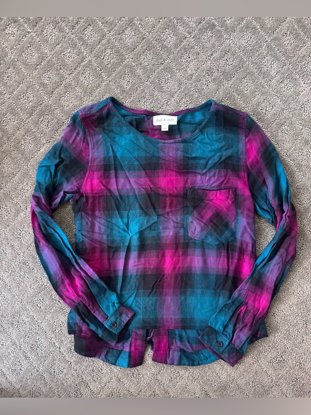 Women’s Cloth & stone Teal and Magenta Plaid Top Lace up back blouse size xS